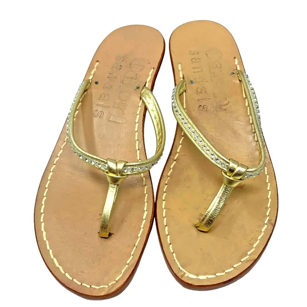 CAPRI‎ SANDALS CO. Gold Leather Rhinestone Thong Slide Sandals